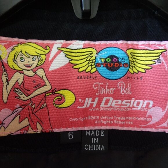 JH Designs Tinkerbell girls size 6 snap front jacket, black, pink, emblems VGC - Picture 3 of 9